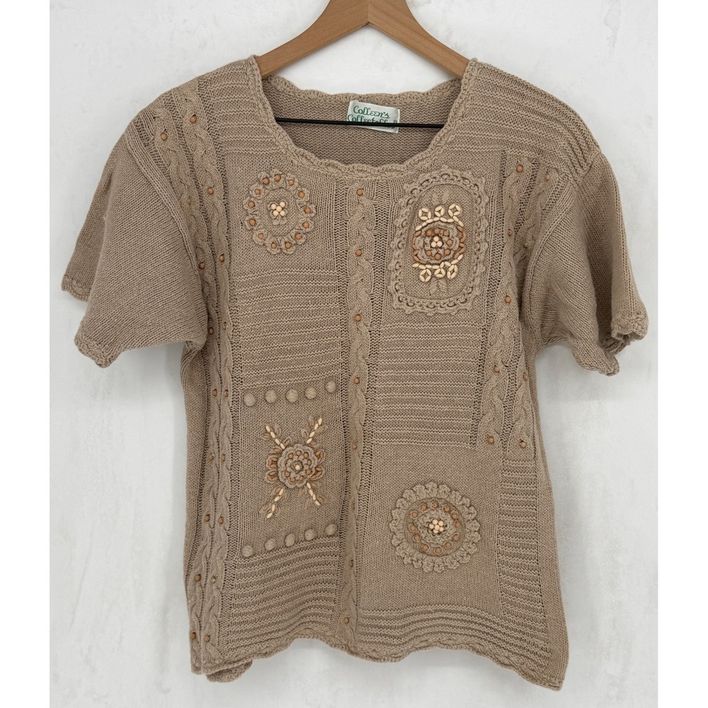 Vintage Colleen's Collectables Sweater Top Small Tan Beaded Crochet Knit Grandma